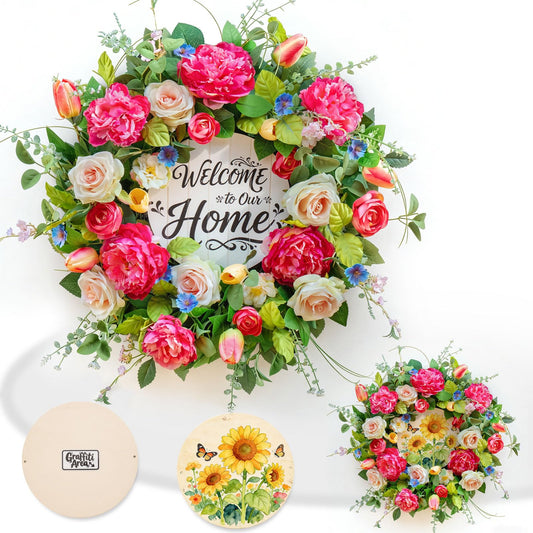 Spring Wreath for Front Door 24 Inch, Large Spring Summer Door Wreath with Artificial Peony Tulip Rose Flowers, Floral Wreath with DIY Wooden Welcome Sign for Outdoor Indoor Home Decor