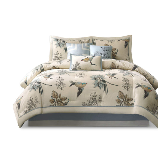 Madison Park Quincy Cozy Comforter Nature Scenery Design - All Season Bedding, Matching Bed Skirt, Decorative Pillows, Quincy, Leaf & Bird Khaki Cal King(104"x92") 7 Piece