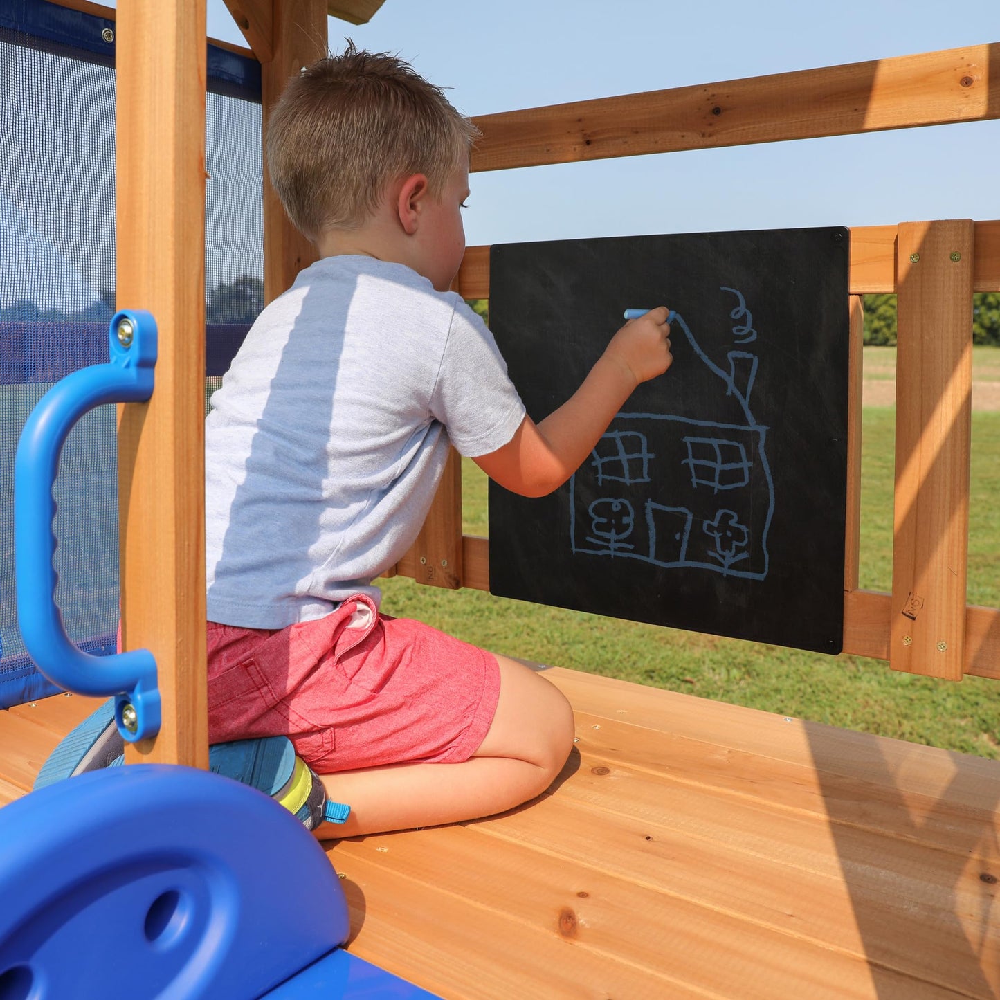 Backyard Discovery Bay Pointe Cedar Wood Swing Set with Wave Slide, Play Deck, Rock Wall Ladder, Belt Swings, Chalkboard, Canopy Roof, Outdoor Playset