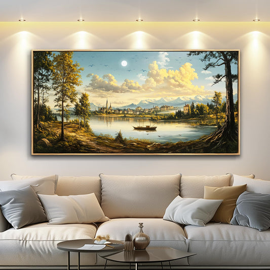 XIGUANGART Landscape Wall Art, Nature Wall Art, Large Framed Wall Decor, Riverside Farm Canvas Art Prints,Vintage Rustic Farmhouse Wall Decor Paintings for Living Room Bedroom Bathroom Kitchen 20"X40"
