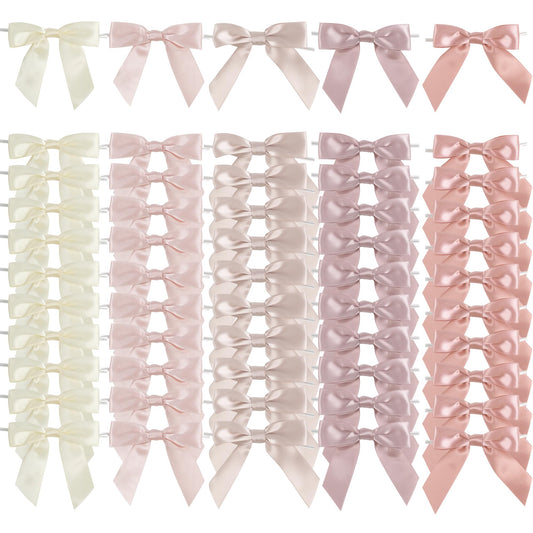 AIMUDI 5 Colors Dusty Rose Twist Tie Bows 3.5" Premade Satin Ribbon Bows for Gift Wrapping Pre-Tied Rose Pink Bows for Crafts, Wedding Decor, Baby Shower, Birthday, Bridal Shower Favors - 50 Counts
