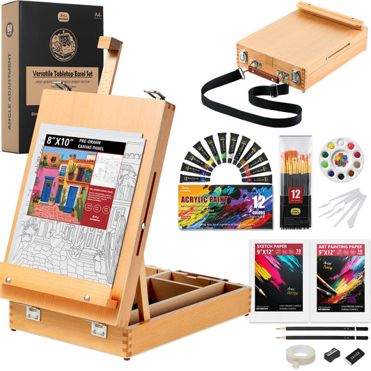 Beechwood Tabletop Easel Set for Painting, 60 Pieces 2-in-1 Art Supplies Specially Tailored for Painting & Sketching, Portable Adjustable Sketchbox Art Easel for Beginners and Art Lovers