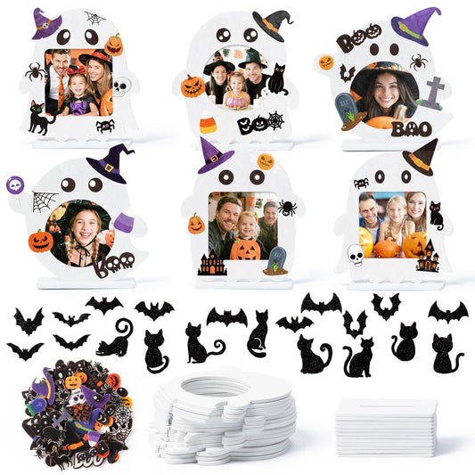 TICIAGA Halloween Ghost Photo Frame Craft - 16 Set Unfinished Halloween Wood Picture Frame Craft Kit with Sticker for Kids Classroom Activities, DIY Trick or Treat Spooky Ghosts Table Decor for Home