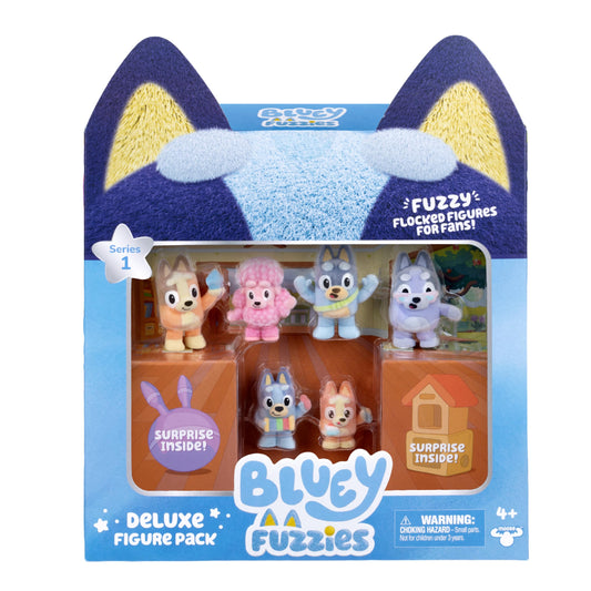 Bluey Fuzzies Deluxe Figure Pack. Eight Figures : 6 Specially Flocked Collectible Mini-Figures + 2 Surprise Figures (Blind Pack), Trading Card, and Collector's Guide. 80 to Collect in Series 1!