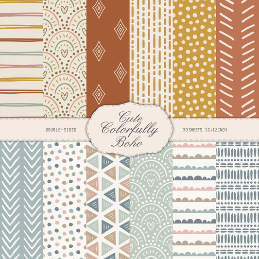 Honoson 30 Sheets Scrapbook Paper Supplies Junk Journal 12x12 Scrapbooking Supplies Boho Floral, Decoupage Paper Scrap Book Decorative First Day of Art School Back to School Craft 160 GSM(Boho)