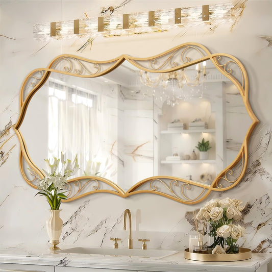 Besdomus Gold Bathroom Large Mirror: 24"x48" Scalloped Modern Large Vanity Mirror for Wall - Farmhouse Decorative Vertical or Horizontal Hanging - Wall Decor for Bathroom/Fireplace/Bedroom/Living Room