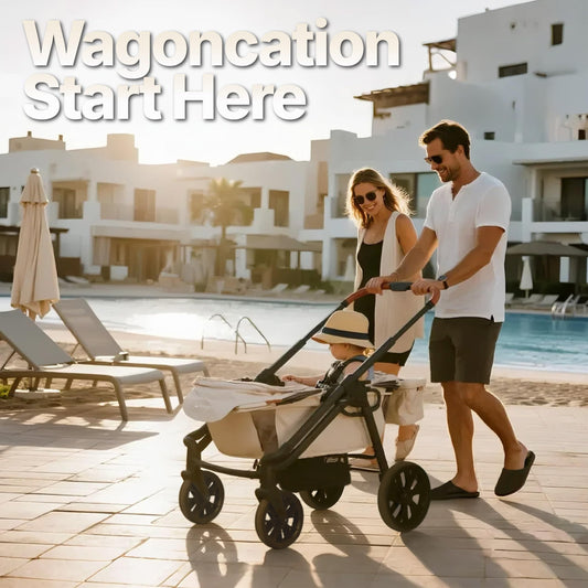 Wagon Stroller for 2 Kids, All-Terrain with Removable UV-Protection Canopy, Adjustable Push/Pull Handle, Snack Tray & Cup Holders, Perfect for Baby and Toddler（Khaki）