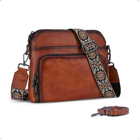 HESHE Genuine Leather Crossbody Bags for Women Satchel Purses Shoulder Handbags with 2 Adjustable Strap Hobo Purse (Brown)