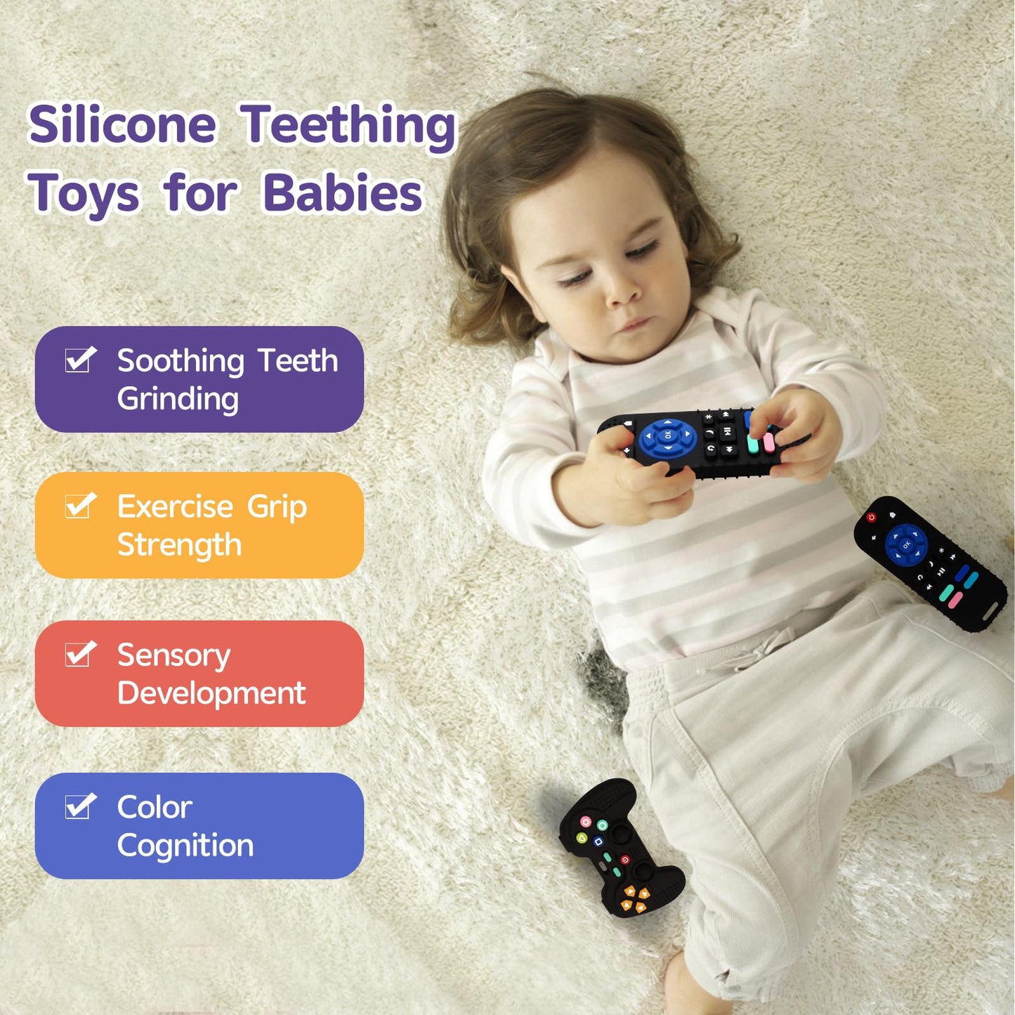 Hooku 2 Pack Silicone Teething Toys for Babies 0-6 Months, Teethers for Babies 6-12 Months, Remote Teether for Baby, Sensory Toys for Babies, Baby Chew Toys KLW8808
