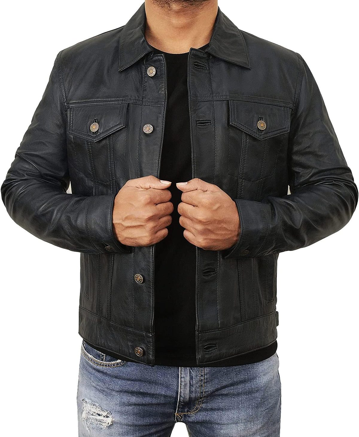 STOREJEES Mens Trucker Jacket - Chaqueta De Cuero Para Hombre | Trucker Black - L