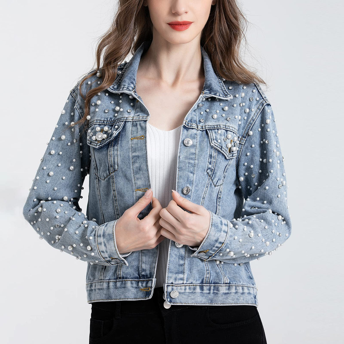 LifeShe Women's Pearls Denim Jacket Cropped Rhinestones Jean Jacket Coat
