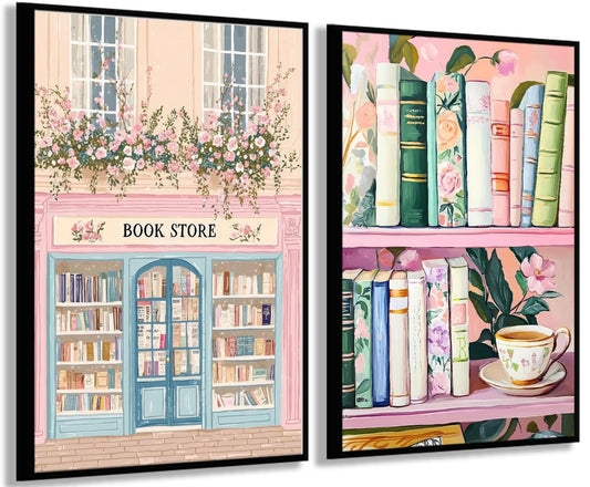 2Pcs Books Wall Art Vintage Floral Book Wall Decor Pictures Pastel Bookshelf Bookstore Themed Painting Artwork Color Poster Prints for Living Room Bedroom Reading Nook Decoration 12x16in