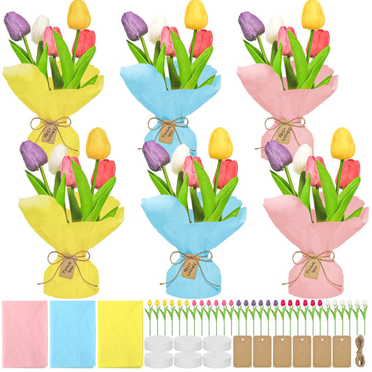Cinrobiye 6 Set End of School Year Tulip DIY Bouquet Kit Last Day of School Teacher Appreciation Gift Artificial Flower Craft Set with Wrapping Paper Cards Spring Table Centerpieces Decor