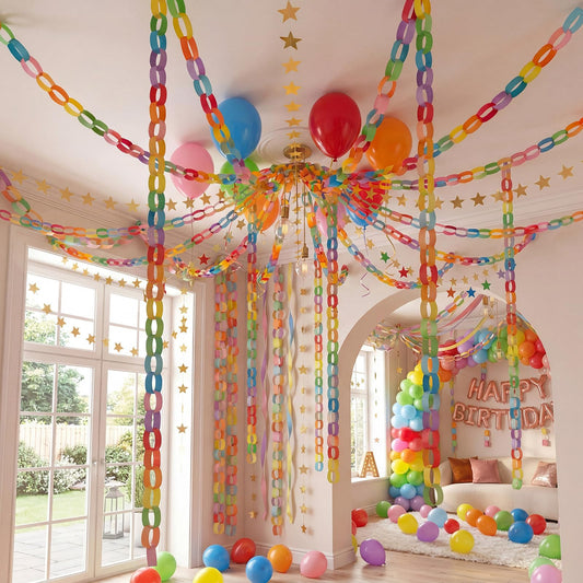 Roowest 500 Sheets Paper Chain Strips 4 Gold Star Garland 35 Balloons with Double Sided Tape Birthday Party Hanging Decor for Graduation Classroom DIY Craft Birthday Wedding Rainbow Party Decorations