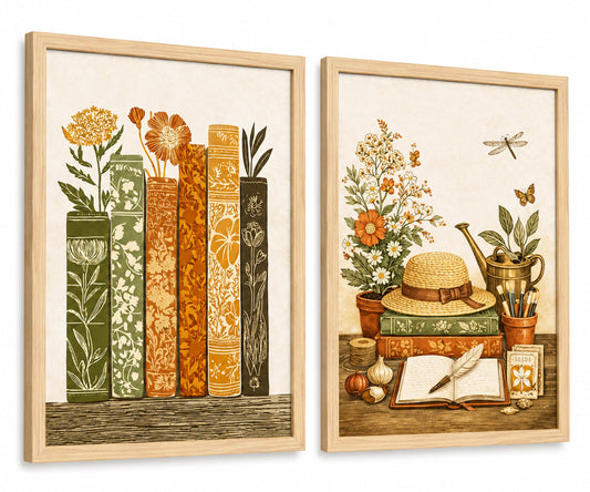 Framed Vintage Botanical Book Wall Art Set of 2 Cottagecore Reading Library Prints Natural Rustic Farmhouse Garden Picture Wall Decor for Library Living Room Bedroom12x16in