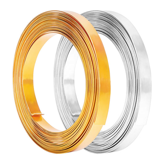 BENECREAT 2 Rolls 33 Feet Gold Sliver Flat Jewelry Craft Wire 10mm Wide Aluminum Wire for Bezel Jewelry Making, Sculpting, Armature Craft