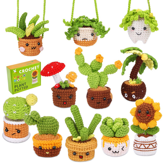 FOUSNOW Crochet Kits, Plant Crochet Kits,11 PCS Potted Plants Crochet Starter Kit, Crochet Kit for Adults with Step-by-Step Video Tutorials, Craft DIY Knitting Supplies