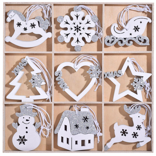 27Pcs Pieces Christmas Wooden Tree Decorations, White Silver Hanging Ornaments Set, Winter Holiday Party Snowflake Elk Snowman Decor Crafts for Xmas Wonderland Home Door Wall Window Box (White Silver)