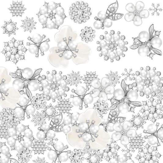 Wavwavw 40 Pcs Rhinestone Buttons Faux Pearl Buttons Flower Flat Back Embellishment Appliques for Craft Jewelry Making DIY Wedding Decor Bouquet Hair Clothes Bag Shoe Home Party