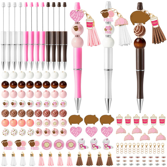 QIMGIC Cafecito Beadable Pens Kit - 12 Set Funny Cafecito Chisme DIY Ballpoint Pen Making with Bead Craft, Coffee Party Beaded Pen Bulk Charm Tassel Supplies for Women School Students Gift