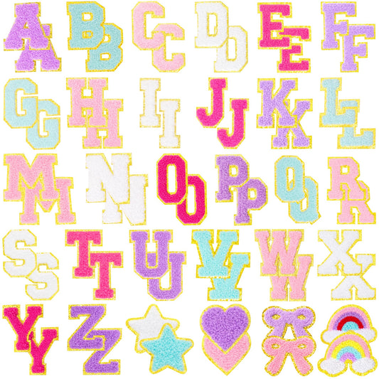 Coynurex 60PCS Chenille Letter Patches Self Adhesive – Preppy Alphabet Iron On Patches with Rainbow Star Bow Heart, Sew On Fabric Patches for Clothing, Backpacks & DIY Crafts