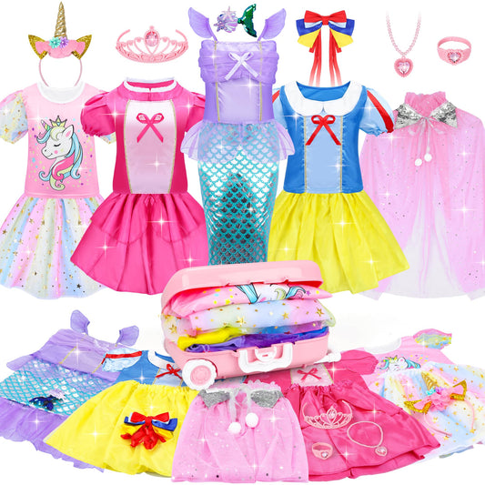 16 Pcs Princess Dress Up Clothes for Little Girl Role Play Costume Gift Set, Princess Mermaid Pretent Play Outfit Toys for Toddler Girls, Cosplay Birthday Party Gifts for Girls Age 3 4 5 6 7+ Year Old