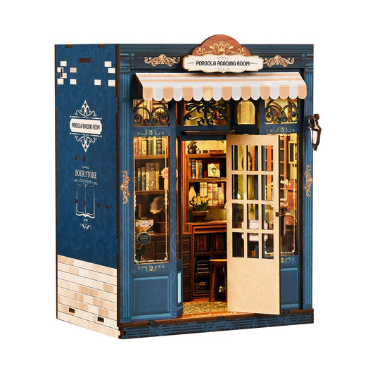 DIY Miniature Dollhouse Kit Book Nook Pergola Reading Room with LED Light, Wooden 3D Miniature House Craft Kit for Adults, Bookshelf Insert Decor