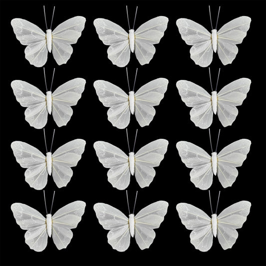 YCHTEWY- Feather Butterfly Decorations Set of 12 pcs White Craft Butterflies on Wire .Party Spring Home Decor Floral Pics…