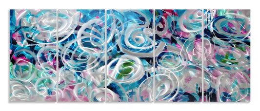 RICHSPACE ARTS Large Flower Field Metal Wall Art with 3D Texture 5 Pieces Blue and Pink Modern Wall Decor Hanging Sculptures for Living Room Bedroom Office Home Gift Ideas