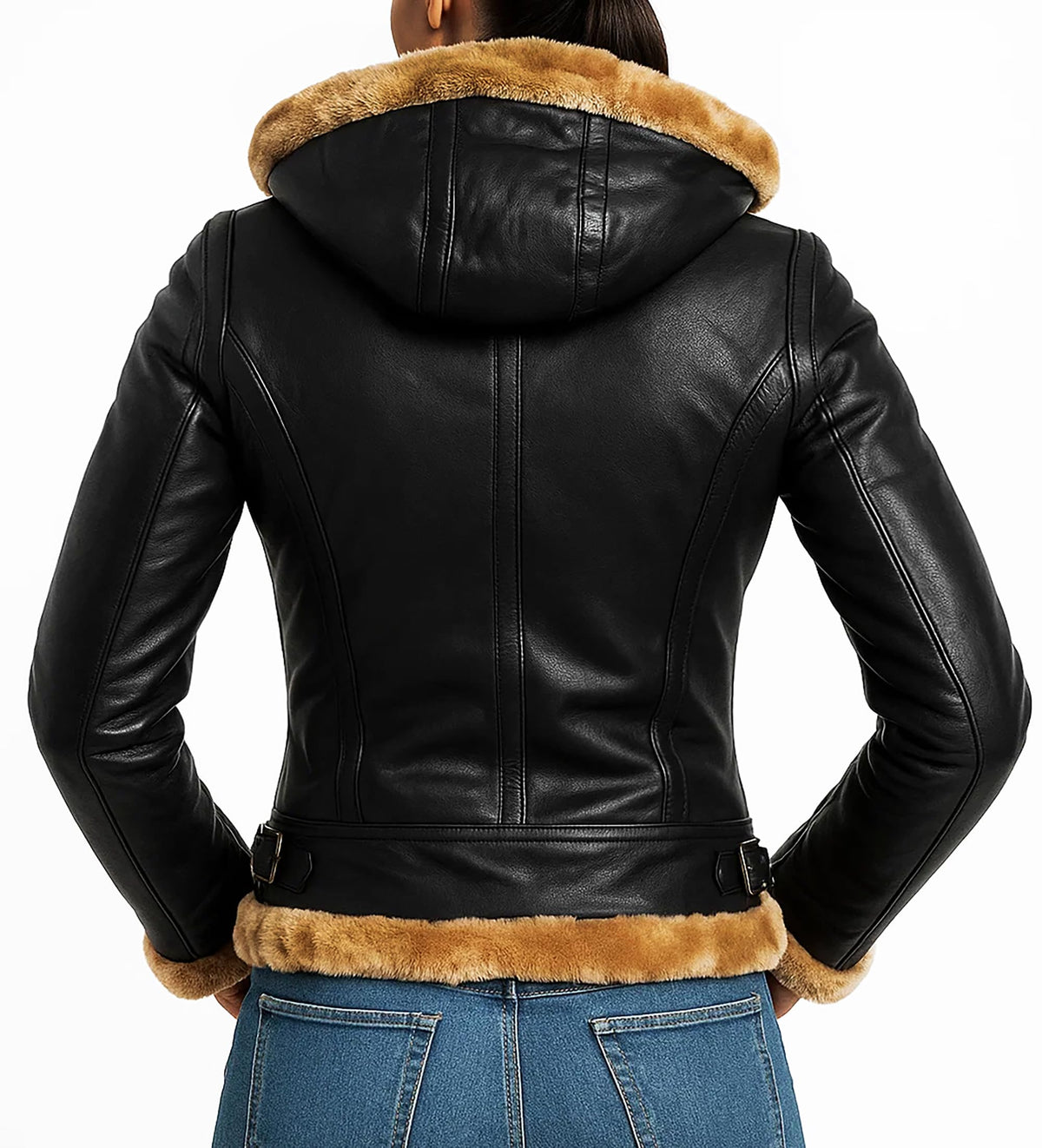 LP-FACON Womens B3 Brown Shearling Bomber Jacket - Winter Aviator Pilot Sheepskin Black Leather Jacket Removable Hoodie