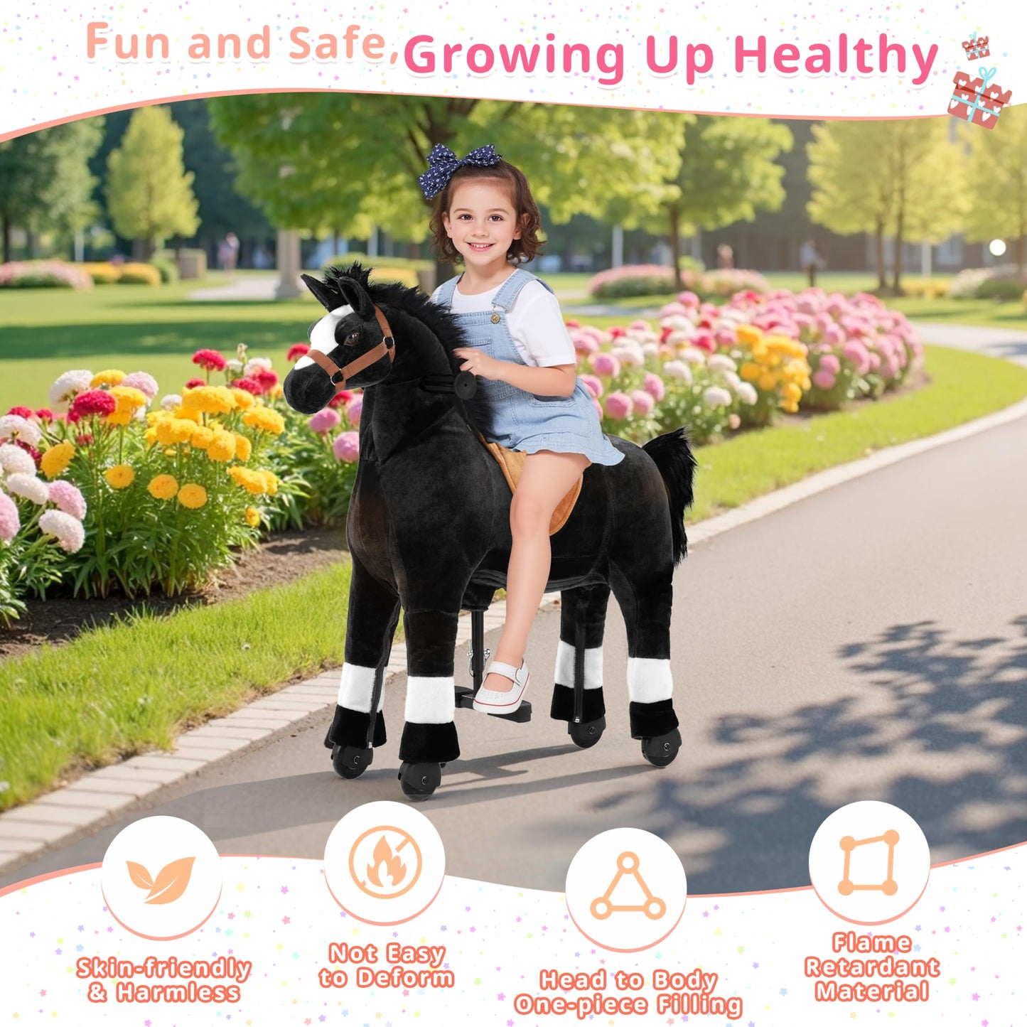 Pipleo Ride on Horse for Big Kids, Riding Horse Rider Mechanical Walking Action Plush Animal for 4 to 9 Years, No Battery or Electricity, Max Load 165 LBS Black