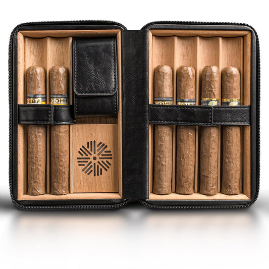 Portable Cigar Humidor Travel Case, Leather & Wood Cigar Box with Humidifier for 6 Cigars, Ideal for Travel and Desktop Storage, Compact and Durable Design