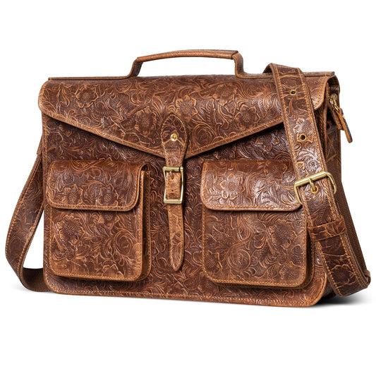 Gexmil Leather Messenger Bag for Men Women, Top Grain Leather, Laptop Briefcase Bag For College Office Business Travel, Adjustable Shoulder Strap, Flower Brown