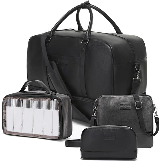 Wogarl Faux Leather Weekender Bag - Large Overnight Duffel with Shoe Compartment, Toiletry Satchel, Carry On Bag - Fit 21" Laptop (Black)