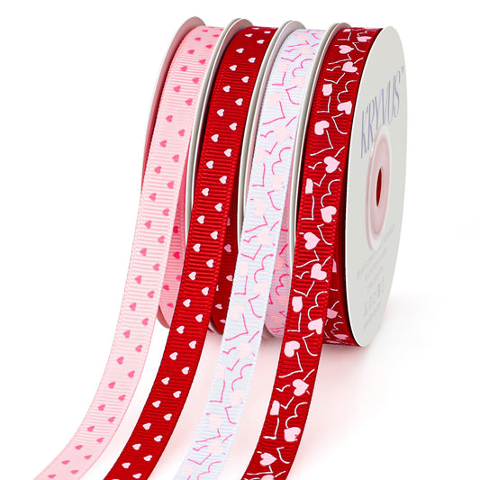 Kryvus Valentine's Day Ribbon Set - 4 Rolls Heart Printed Grosgrain Ribbon, 3/8 Inch x 60 Yards Total for Gift Wrapping, Crafts, Home Decor, Party Supplies (Red, White, Pink, Hot Pink)