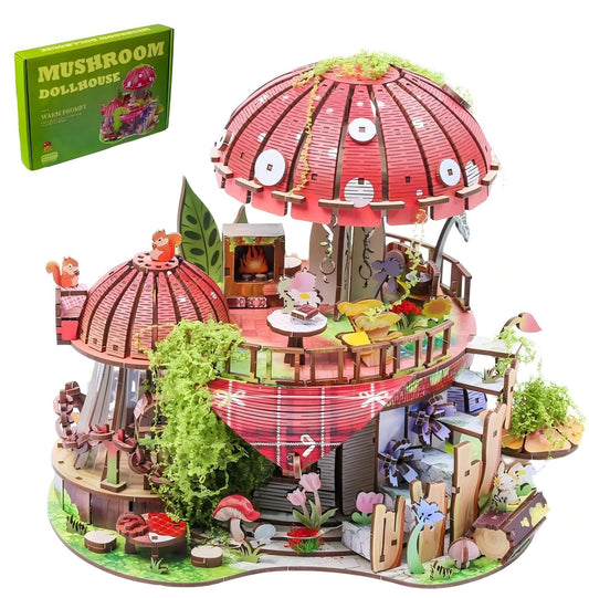 Garden Mushroom Dollhouse Book Nook Kit, DIY Miniature Wooden 3D Puzzle Dollhouse, Fantasy Bookshelf Decor Craft Building Set, Home Shelf Decoration for Adults & Teens, with String Lights Edition