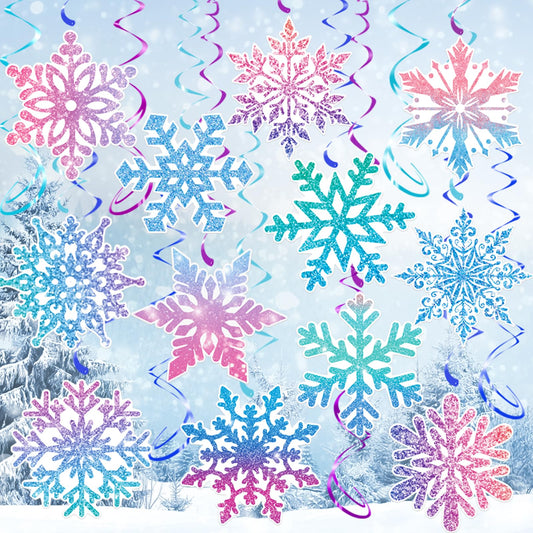 30Pcs Winter Snowflake Hanging Swirl, Frozen Snowflake Ceiling Streamers Hanging Decorations for Christmas Winter Wonderland Frozen Party Supplies