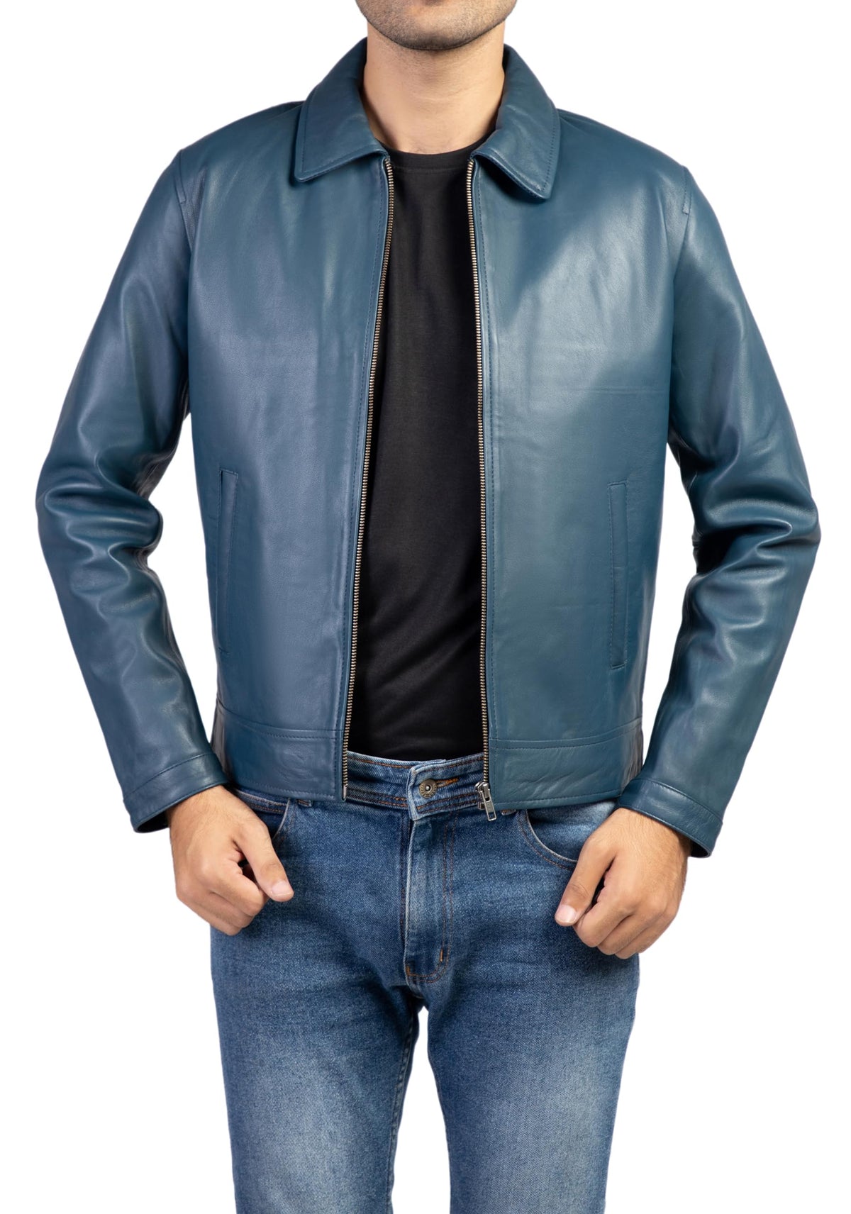 Jild Polo Collar Premium Leather Jacket Men - Old School Classic Style Everyday Wear Real Lambskin Mens Leather Jacket (Polo-Blue-3XL)
