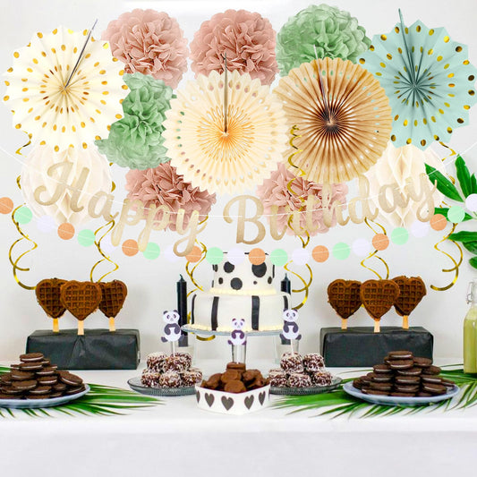 Birthday Decorations for Women, Sage Green Blush Pink Beige Party Decorations - 20pcs Cream Light Dusty Pink Paper Pompoms Fan,Streamers,Lanterns,Happy Birthday Banner,Rustic Backdrop Decor