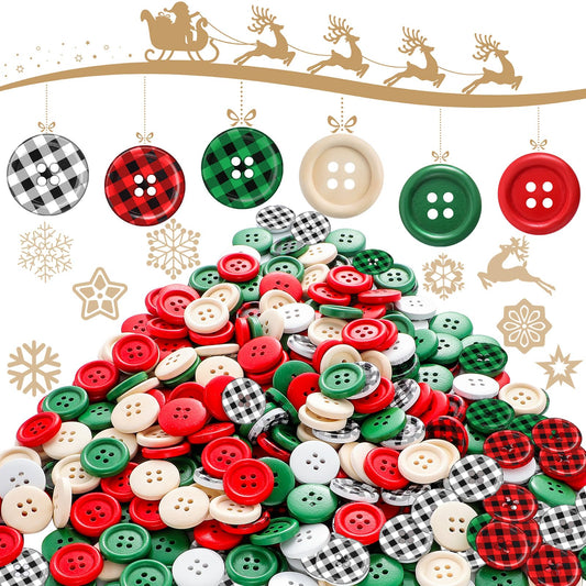 Luinabio 300 Pieces Christmas Buffalo Plaid Wood Buttons 4 Holes Black Red Wooden Gingham Craft Buttons Round Decoration for DIY Sewing Christmas Stocking Decor 0.79 Inch 6 Style