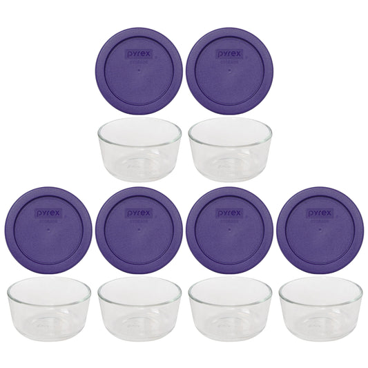 Pyrex 7202 1 Cup Glass Bowls & 7202-PC Plum Purple Lids (6-Pack) - Made in USA