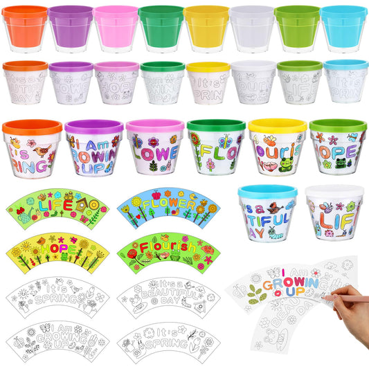 Meanplan 24 Pcs Spring DIY Flower Pots, Color Your Own Flowerpots Bulk Colorful Plastic Garden Pot Crafts Painting Kit for Adults DIY Art Projects Fun Activities