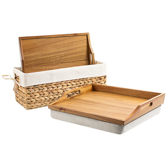 ROSSIE HOME Acacia Wood Bed Tray, Lap Desk - Set of Two - with Hyacinth Storage Basket - Natural - Fits up to 15.6 Inch Laptops - Style No. 70106