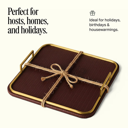 Preston Lane Mayfair Decorative Tray – Vegan Leather with Woven Texture, Brushed Brass Handles – Serving, Dresser & Coffee Table Tray, Espresso