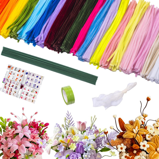 Pipe Cleaners Flower Kit, 600Pcs Chenille Stems, 20 Assorted Colors 30Pcs/Color Soft Bendable Fuzzy Craft Sticks, All-in-One DIY Craft Supplies for Adults, Holiday Decor and Flower Bouquet Making