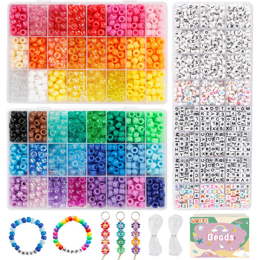 Quefe 3960pcs Pony Beads for Friendship Bracelet Making Kit 48 Colors Kandi Beads Set, 2400pcs Plastic Rainbow Bulk and 1560pcs Letter Beads for Keychains Craft Jewelry Necklace