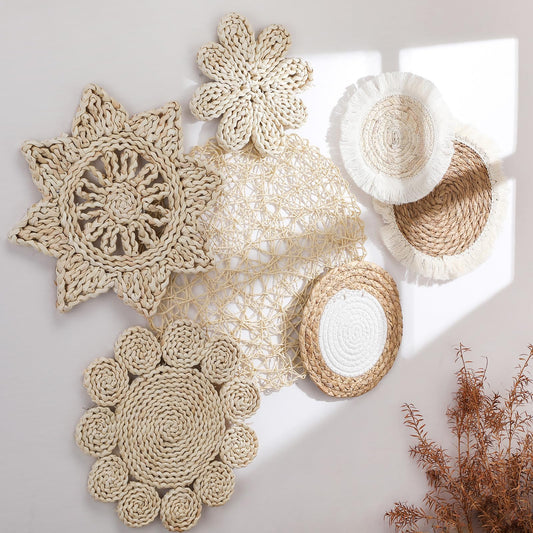 Beeveer 7 Pcs Boho Wall Baskets Decor Hanging Rustic Rattan Wicker Wall Baskets Round Wall Art for Farmhouse Living Rooms Bedrooms Kitchen Decorations
