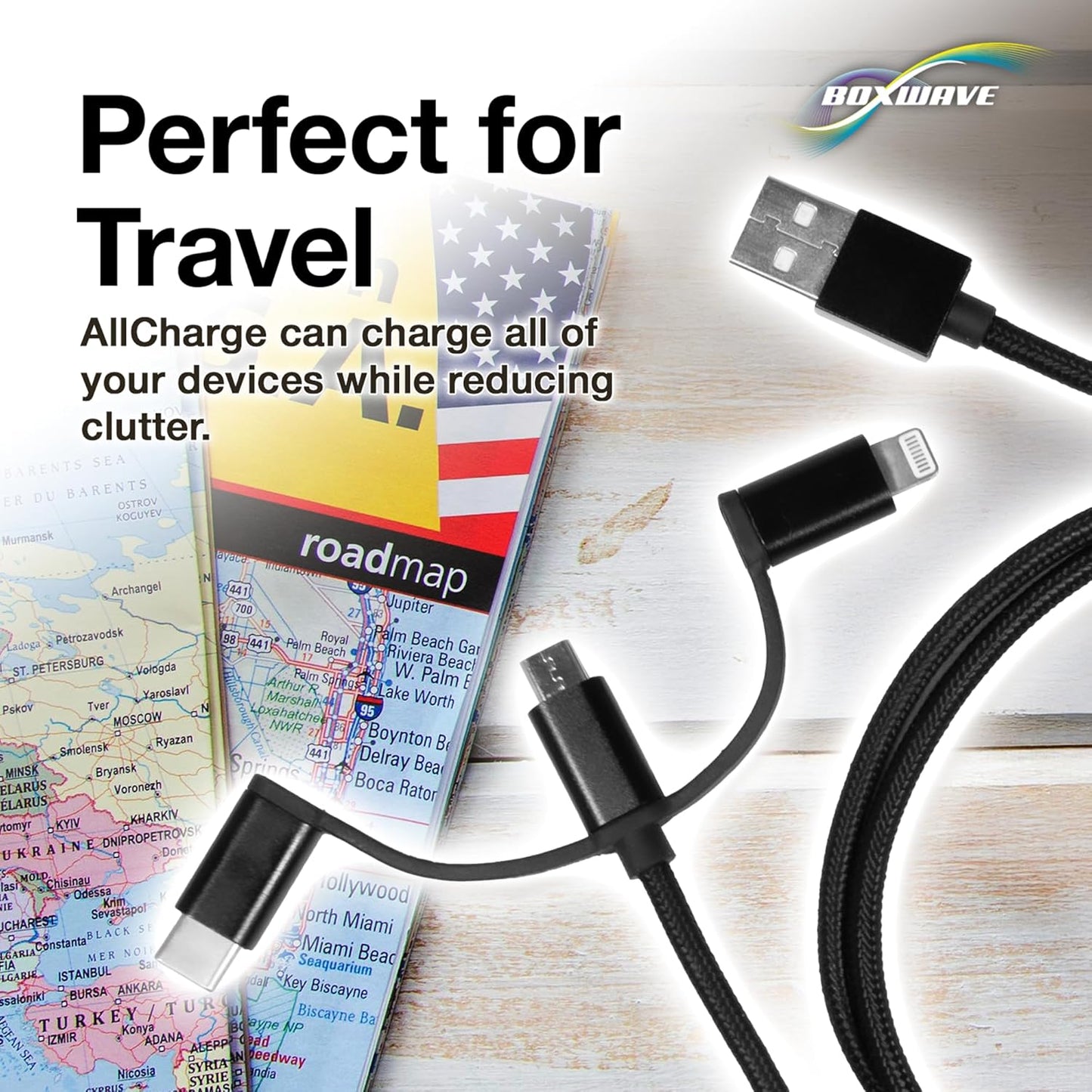 BoxWave S7 MP3 3-in-1 Cable Compatible with QNGEE Portable Player - AllCharge Cable - Jet Black