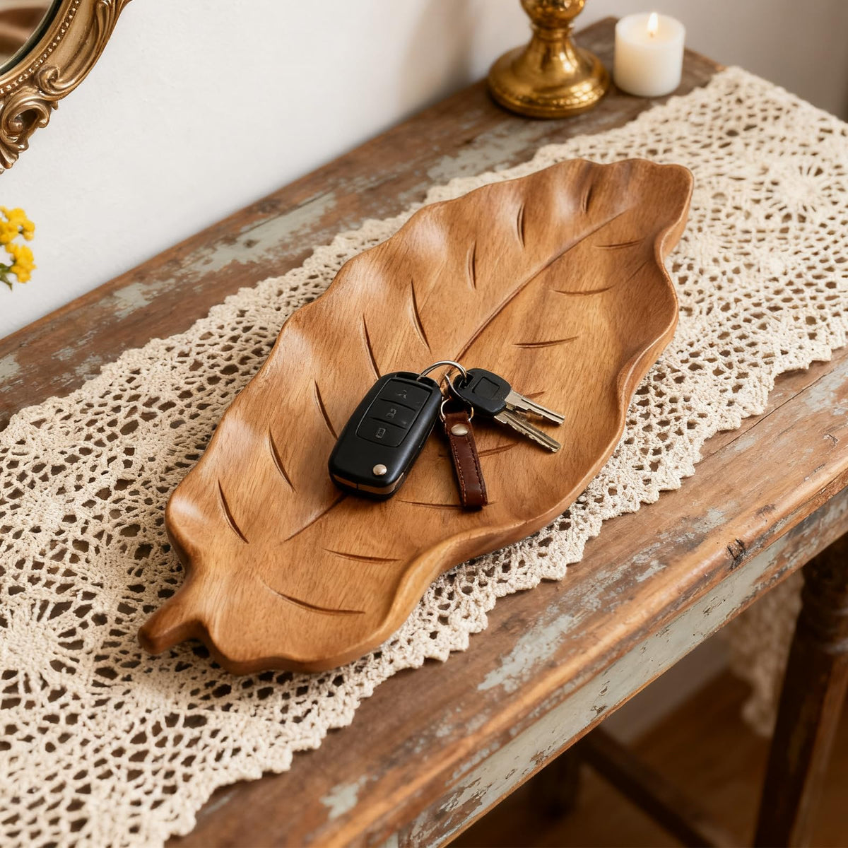 Cut-Nic Wood Leaf Design Key Tray for Entryway Table, Aesthetic Desk Organizer for Home, Key Bowl, Jewelry Tray, Serving Tray Platter Breakfast Table Kitchen Decor