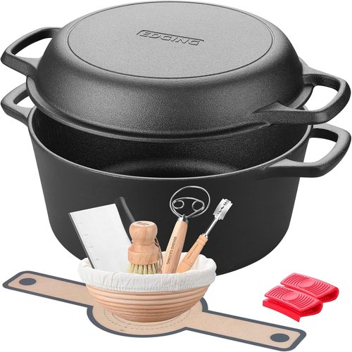 EDGING CASTING 5QT Pre-Seasoned Cast Iron Dutch Oven | Versatile 2-in-1 Cooking Pan with Skillet Lid